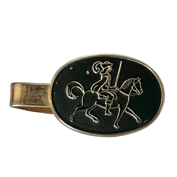 Black & Gold Knight On Horse Tie Clip 70s Men's Career Vintage Statement Piece - Picture 1 of 6
